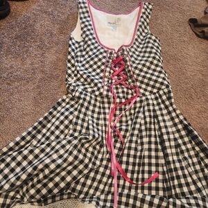Girls' Black and White Checkered Dress with Pink Accents
